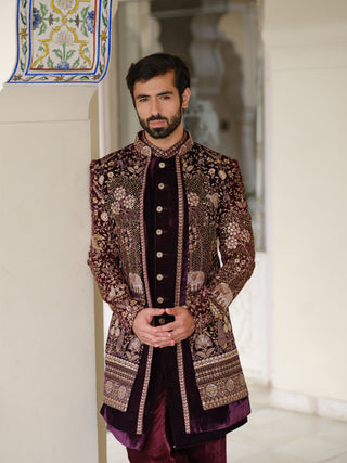 Wine VElvet Indo Western For Men