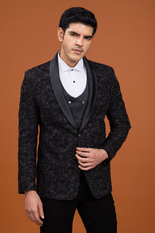 Black Velvet Heavy Embroider Tuxedo For Men Wedding