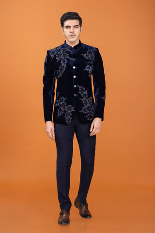 Navy Blue velvet bandhgala For Wedding