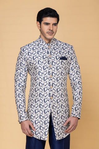 White And Navy Blue Indo Wetern For Men