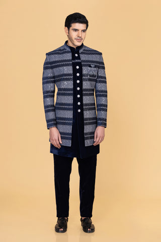 Navy Blue Velvet Shrug Indowestern for Men