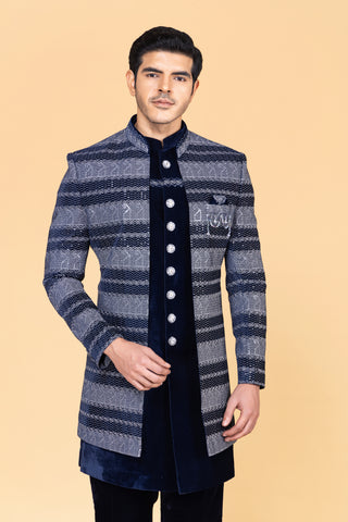 Navy Blue Velvet Sherwani For Men