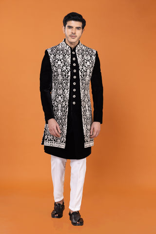 Black Velvet Shrug Sherwani For Men