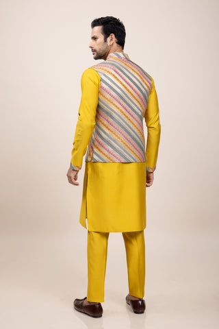 YELLOW RIBBED JACKET KURTA SET