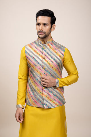 YELLOW RIBBED JACKET KURTA SET