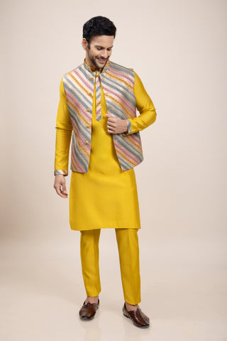 YELLOW RIBBED JACKET KURTA SET