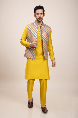 YELLOW RIBBED JACKET KURTA SET