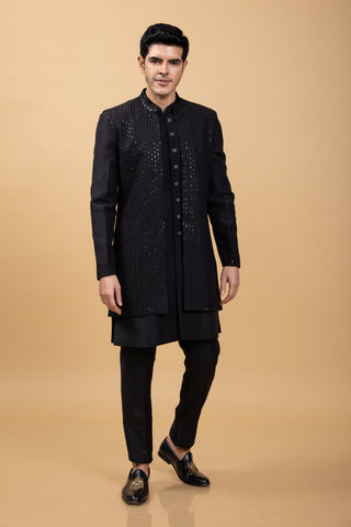 BLACK SILK JACKET KURTA SET