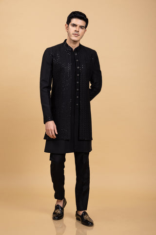 BLACK SILK JACKET KURTA SET
