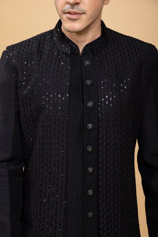 BLACK SILK JACKET KURTA SET