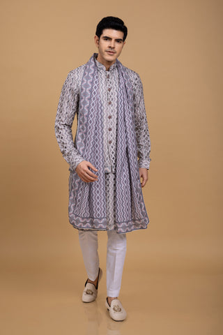 Purple Shawl Jacket Kurta Set For Men Wedding