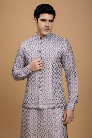 PURPLE STRIPPED JACKET KURTA SET