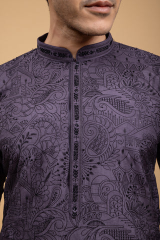 DARK PURPLE THREADED KURTA SET