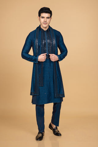 Rama Blue Shrug Kurta Set For Men