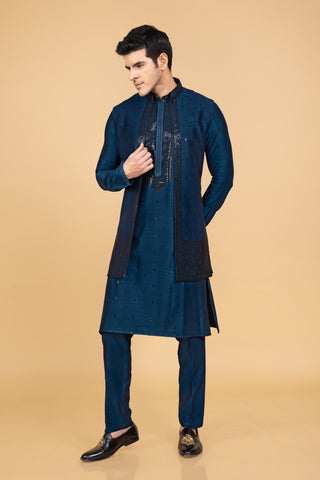 RAMA BLUE SILK JACKET KURTA SET