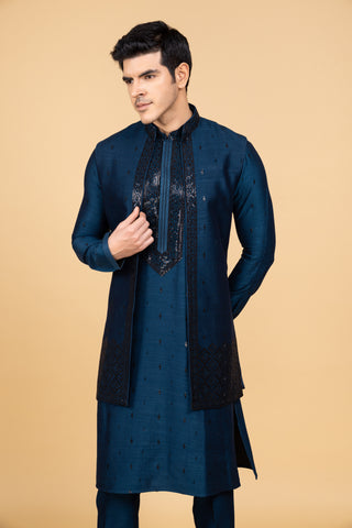 RAMA BLUE SILK JACKET KURTA SET