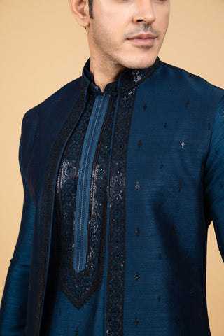 RAMA BLUE SILK JACKET KURTA SET