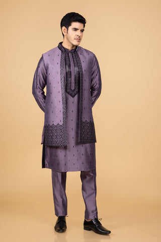 Lavender JAcket Kurta Set For Wedding Men