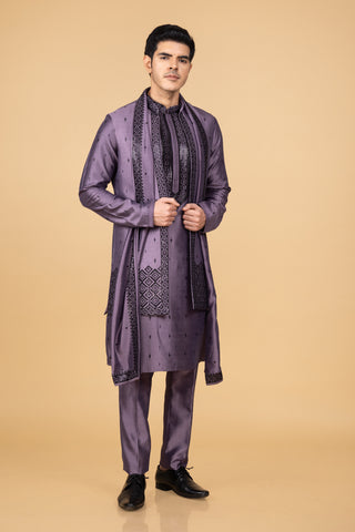 Lavendar Silk Jacket Kurta Set for men