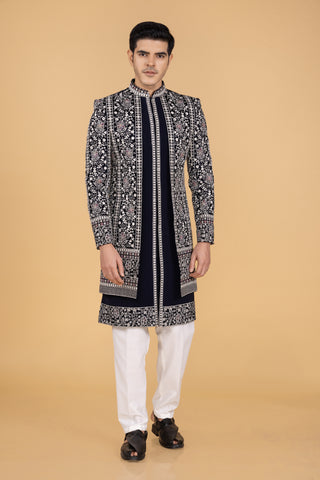 NAVY BLUE CHIKENKARI INDO WESTERN