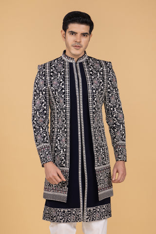 NAVY BLUE CHIKENKARI INDO WESTERN