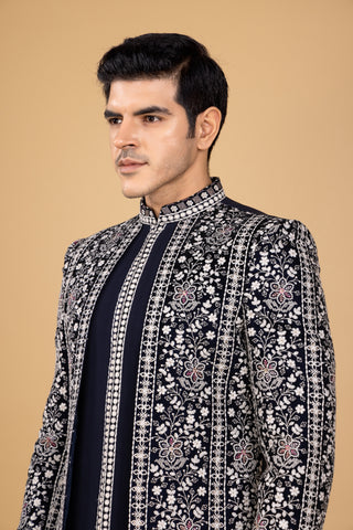 NAVY BLUE CHIKENKARI INDO WESTERN