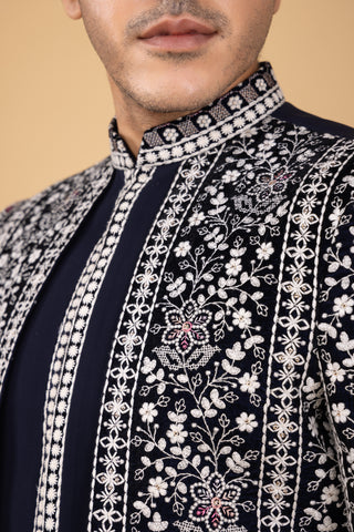 NAVY BLUE CHIKENKARI INDO WESTERN