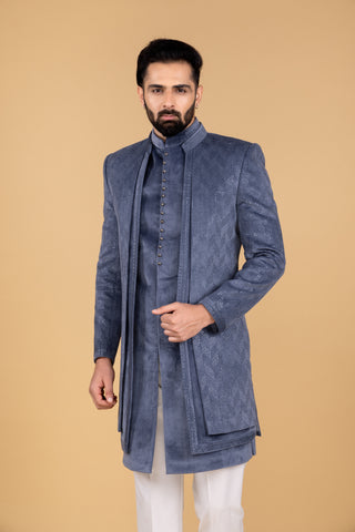 Blue Suede Shrug Indo Western For Men