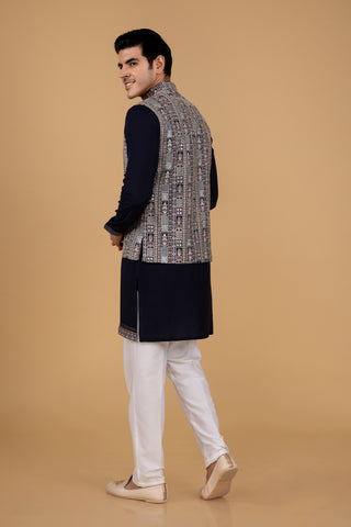 NAVY BLUE ARTSY JACKET KURTA SET