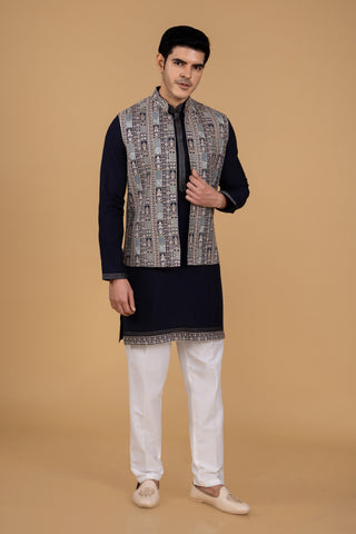 Black Designer Jacket Kurta Set For Men