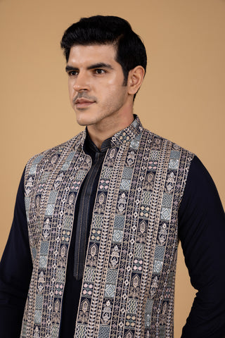 NAVY BLUE ARTSY JACKET KURTA SET