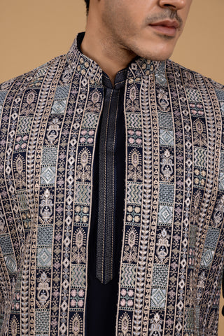 NAVY BLUE ARTSY JACKET KURTA SET