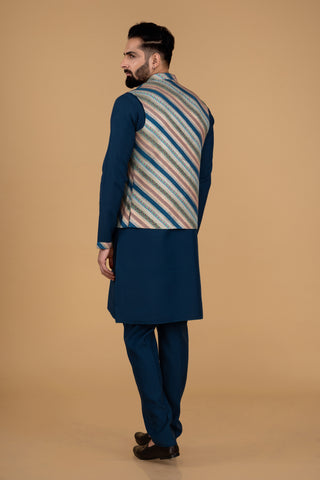 BLUE RIBBED JACKET KURTA SET