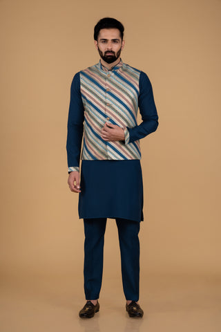 BLUE RIBBED JACKET KURTA SET