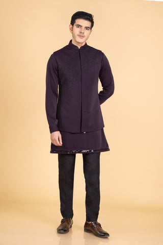 Wine Jacket Kurta Set For Men