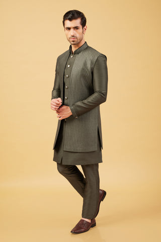 Mehendi Silk Shrug Jacket Kurta Set For Men Wedding
