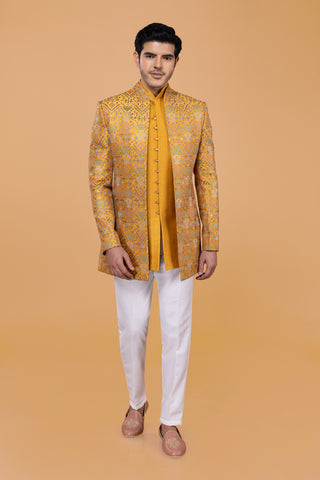 Yellow Sherwani for Men For Wedding Silk
