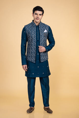 Teal Mens wedding jacket kurta set