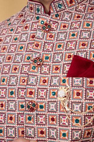 MAROON BLOCK SILK JACKET KURTA SET