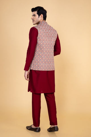 MAROON BLOCK SILK JACKET KURTA SET