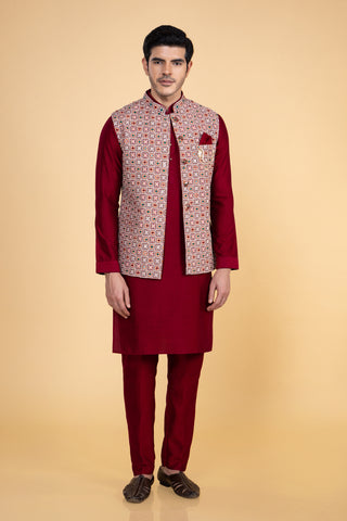 MAROON BLOCK SILK JACKET KURTA SET