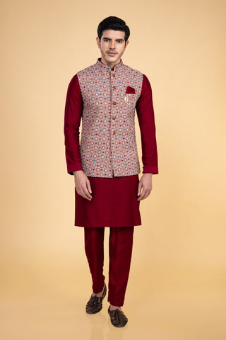 Maroon Silk Jacket Kurta Pajama For Men Wedding