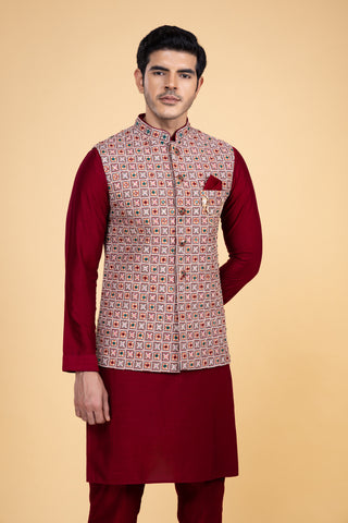 MAROON BLOCK SILK JACKET KURTA SET