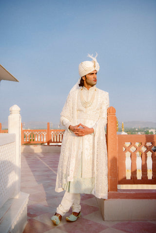 Classic White Brocade Sherwani Set with Sequin Thread Embroidery Ensemble