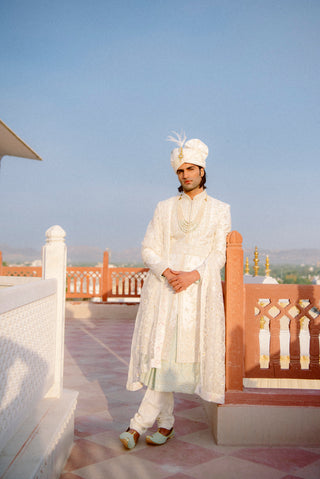CLASSIC WHITE BROCADE SHERWANI SET