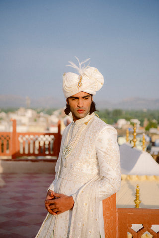 Classic White Brocade Sherwani Set with Sequin Thread Embroidery Ensemble