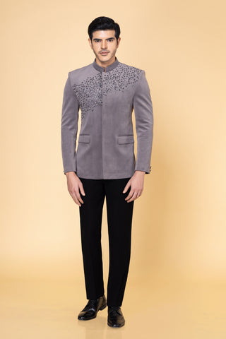 Grey Velvet Jodhpuri Bandhgala For Wedding