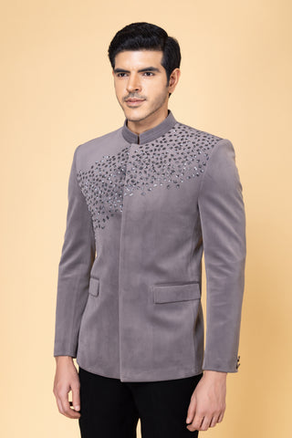 Grey Designer Jodhpuri Bandhgala For Men