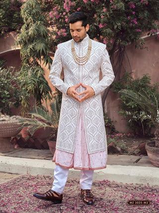 Pearl White Zari Embellished Silk Sherwani