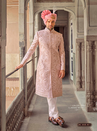 Peach Silk Work Embellished Majesty Sherwani with Turban